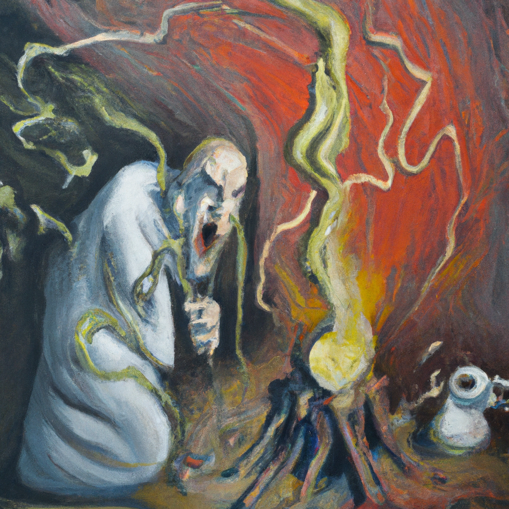 Image generated by AI from Dall.e prompt 'An expressive oil painting of A potter shaping clay, a consuming fire, a mountain trembling - humanity cries for God's intervention and guidance.'