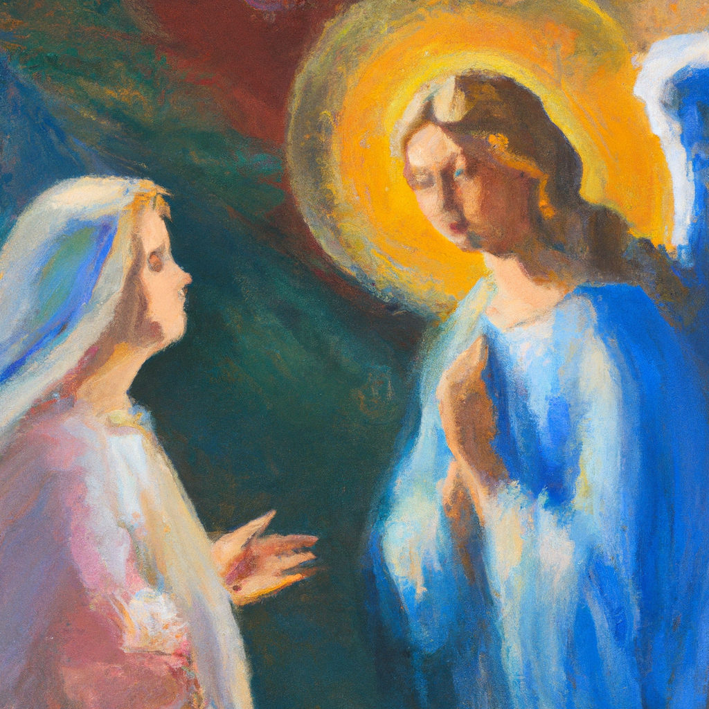 Image generated by AI from Dall.e prompt 'An expressive oil painting of An angel appearing to Mary, announcing the coming of Jesus, the Savior, and Mary's humble acceptance of this calling.'