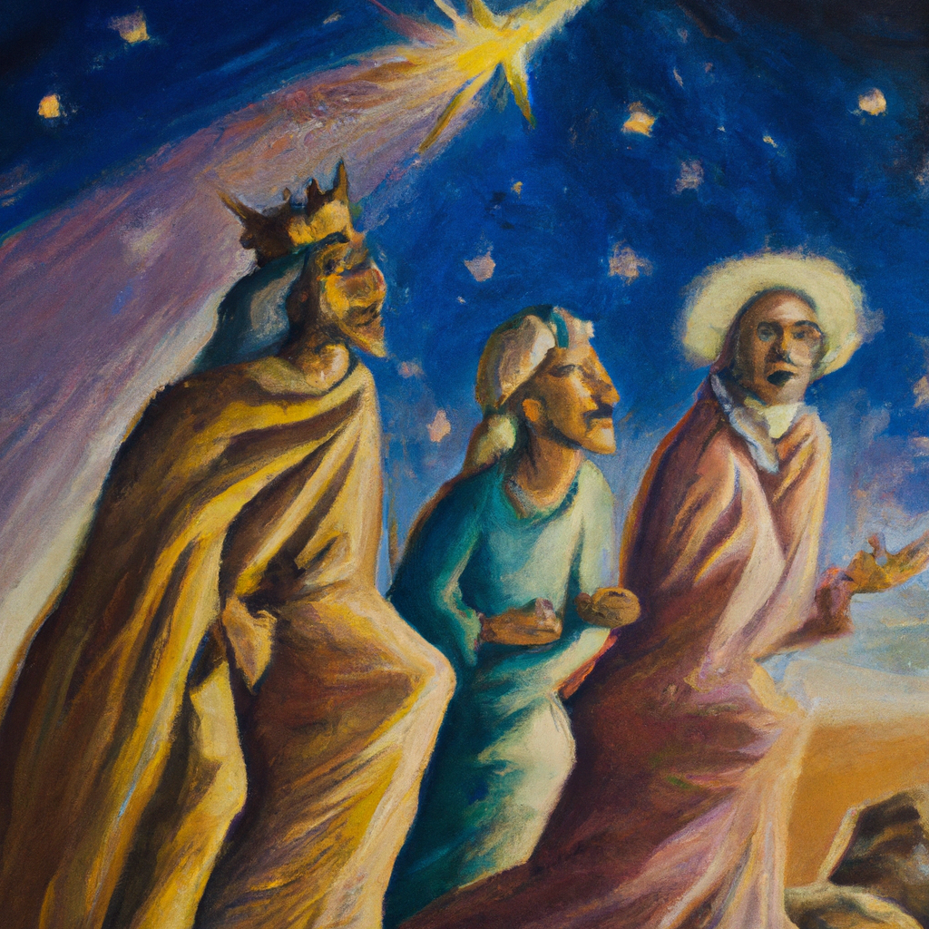 Image generated by AI from Dall.e prompt 'An expressive oil painting of Three wise men following a bright star, seeking the newborn King in Jerusalem, causing King Herod to be troubled.'