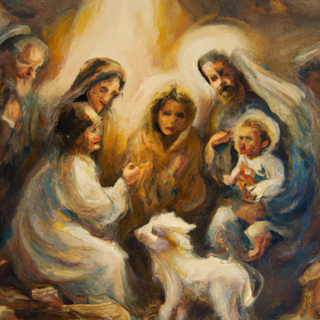 Image generated by AI from Dall.e prompt 'An expressive oil painting of Shepherds visit baby Jesus with awe, spreading joy and sharing the good news of his birth.'