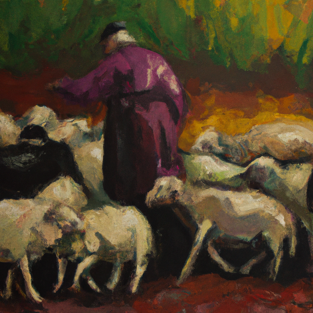 Image generated from Dall.e prompt 'An expressive oil painting of A shepherd tenderly carrying and guiding his flock, lifting the weary and leading with gentle care.'