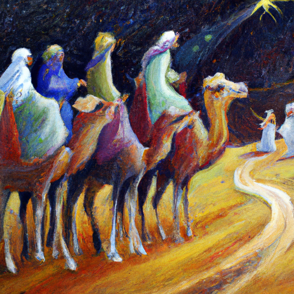 Image generated from Dall.e prompt 'An expressive oil painting of Wise men, camel caravan, following star, bearing gifts, bowing to child king in humble adoration.'