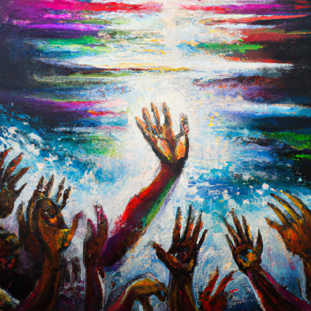 Image generated from Dall.e prompt 'An expressive oil painting of Vibrant, joyful creation singing praises, clapping hands, and roaring seas in awe of the Lord's salvation.'