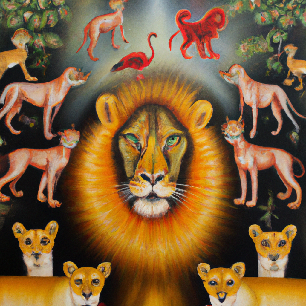 Image generated from Dall.e prompt 'An expressive oil painting of A majestic lion with seven horns and seven eyes, surrounded by elders and living creatures, receives worship and praise.'