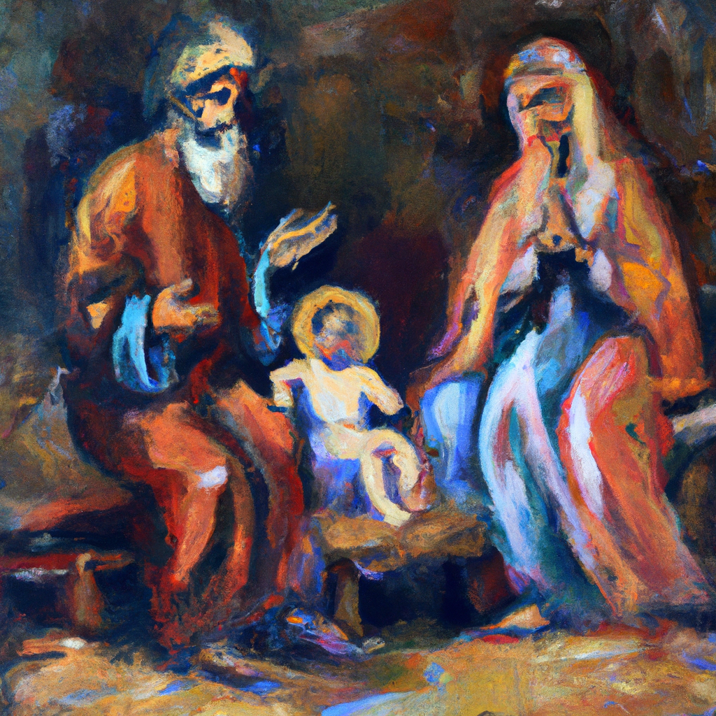 Image generated from Dall.e prompt 'An expressive oil painting of Mary and Joseph present baby Jesus at the temple. Simeon and Anna recognize him as the long-awaited Messiah.'