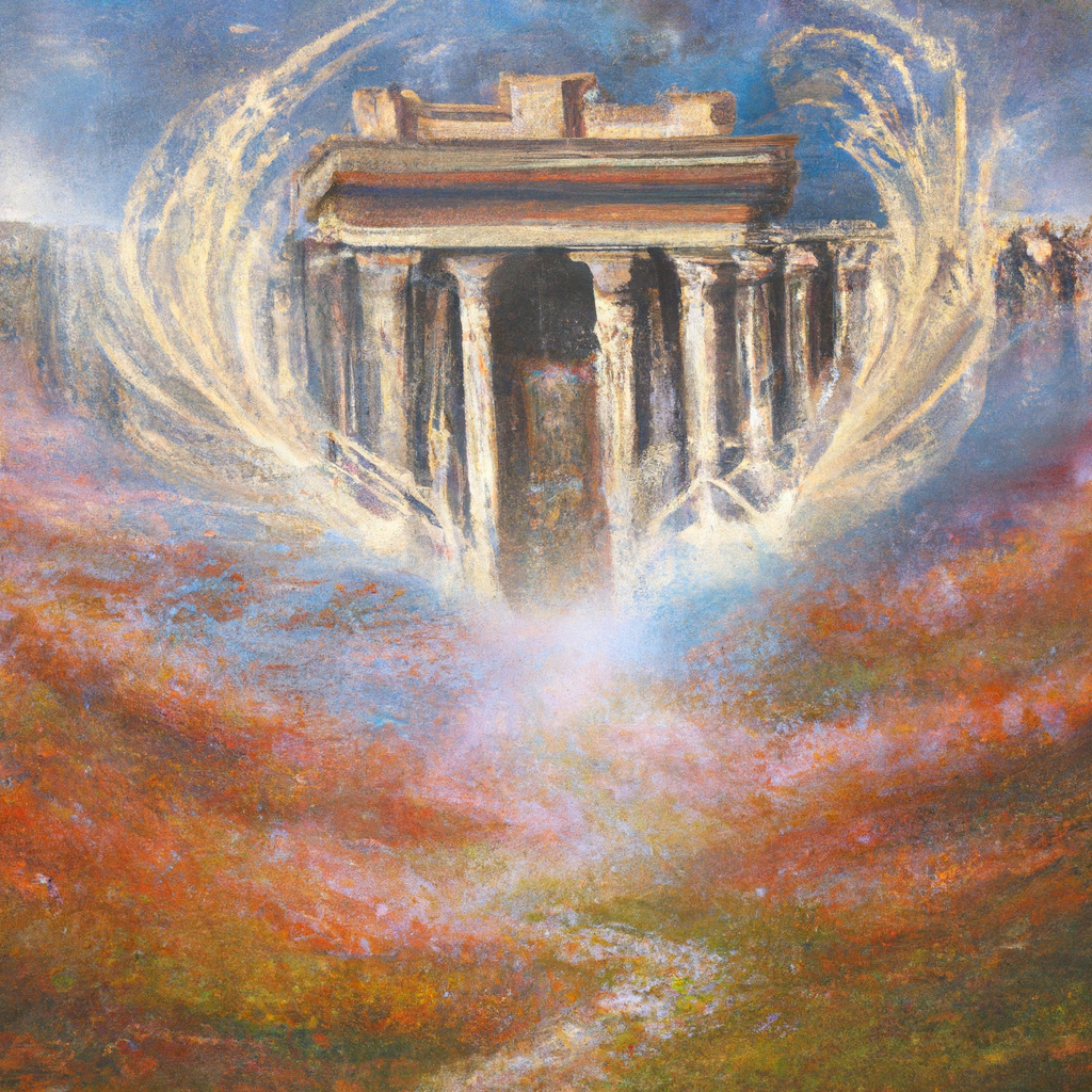 Image generated from Dall.e prompt 'An expressive oil painting of Majestic gates open to the King of glory, triumphant in battle and reigning over all creation.'