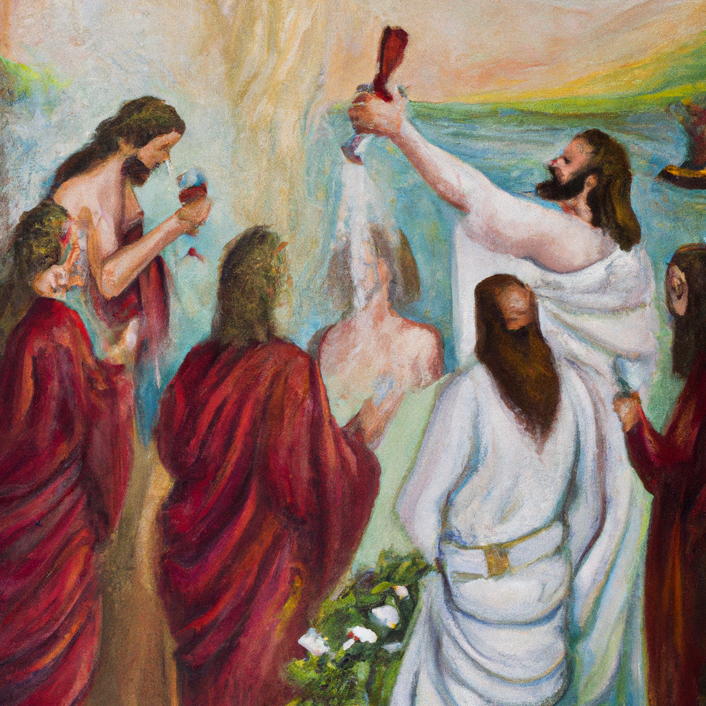 Image generated from Dall.e prompt 'An expressive oil painting of Jesus turns water into wine at a wedding, revealing his glory and disciples believe in him.'