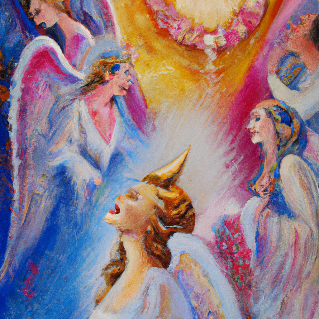 Image generated from Dall.e prompt 'An expressive oil painting of A heavenly chorus sings, a radiant bride waits, and an angelic guide reveals the message with reverence and awe.'