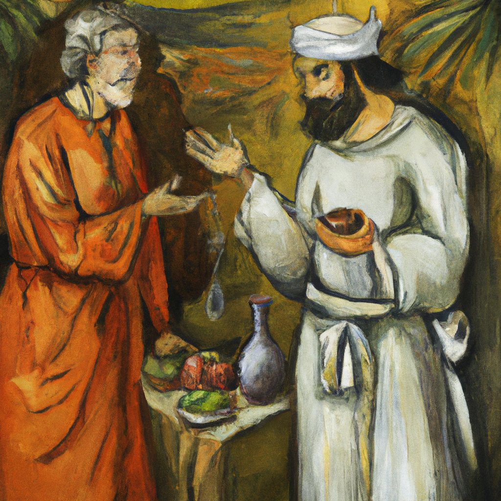 Image generated by AI from Dall.e prompt 'An expressive oil painting of Abram meets Melchizedek, king of Salem, offering bread and wine, blessing Abram.'