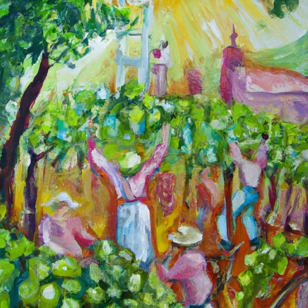 Image generated from Dall.e prompt 'An expressive oil painting of A prosperous vineyard, filled with fruitful vines and happy workers, symbolizing prosperity and blessing from God.'