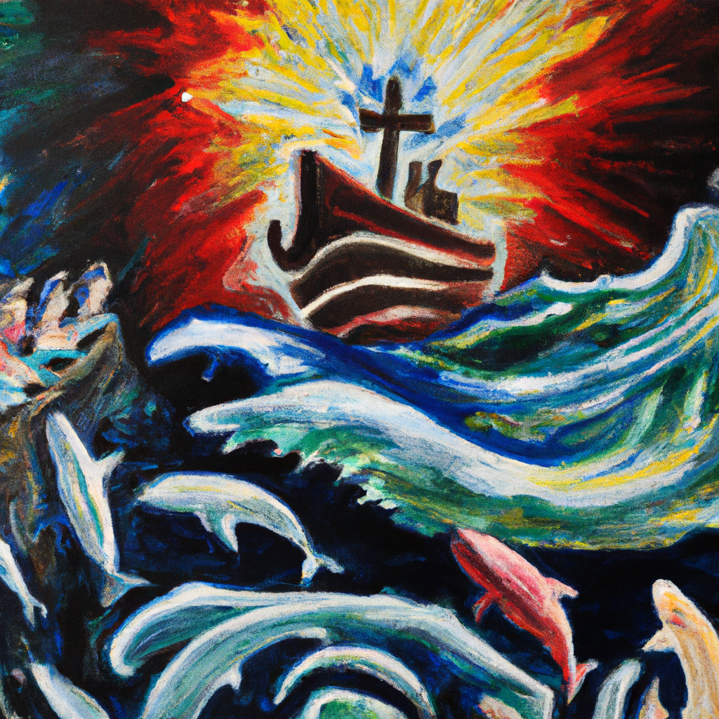 Image generated from Dall.e prompt 'An expressive oil painting of God's creatures swarm, ships sail, and Leviathan plays, while all feast, praise, and bless the Lord's name forever.'