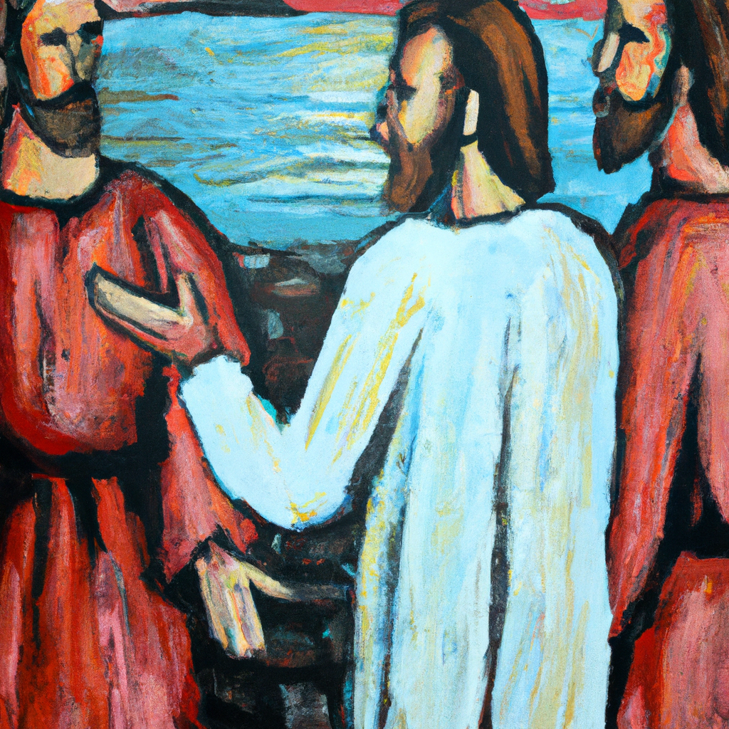 Image generated from Dall.e prompt 'An expressive oil painting of Two men follow Jesus and ask where he is staying, then become his disciples and spread the word.'