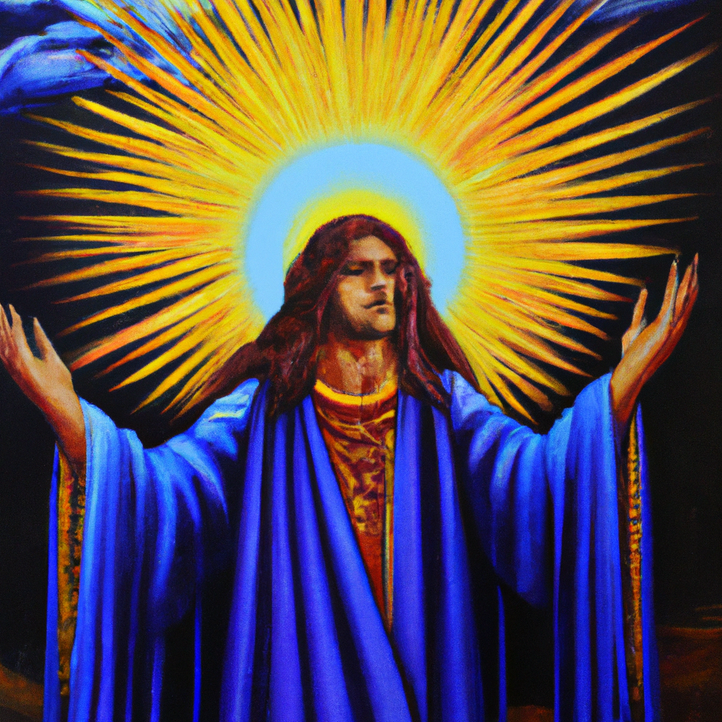 Image generated from Dall.e prompt 'An expressive oil painting of A mighty God, shining like the sun, summons all creation to witness his judgment and righteousness.'