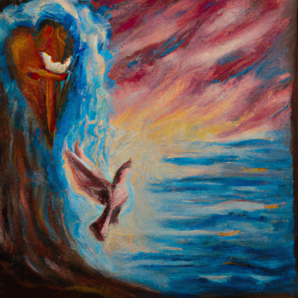 Image generated from Dall.e prompt 'An expressive oil painting of Sky splits open, dove descends on Jesus as God’s voice declares him beloved. Wildness, temptation, kingdom announced.'