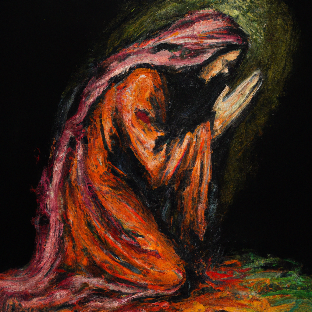 Image generated from Dall.e prompt 'An expressive oil painting of A person bows before God, seeking guidance and mercy, surrounded by darkness but holding onto hope and faith.'