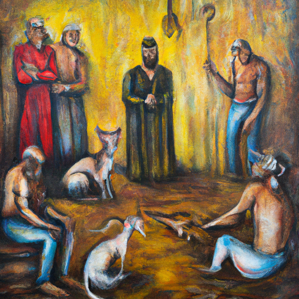 Image generated by AI from Dall.e prompt 'An expressive oil painting of A wild man chained, demons expelled into pigs, townspeople in awe as the man sits calmly with Jesus.'