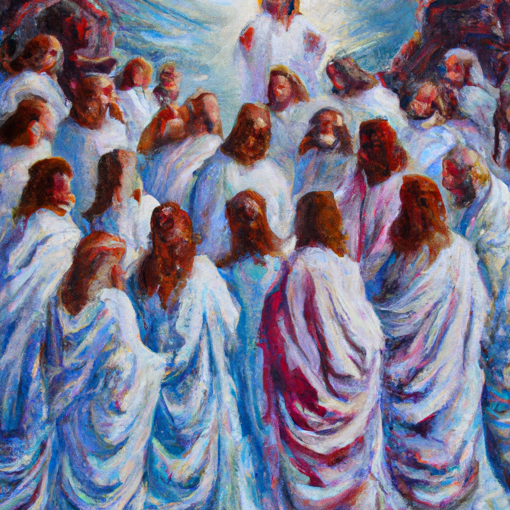 Image generated from Dall.e prompt 'An expressive oil painting of Jesus' clothes become dazzling white as God's voice proclaims his sonship, stunning his disciples on the mountain.'