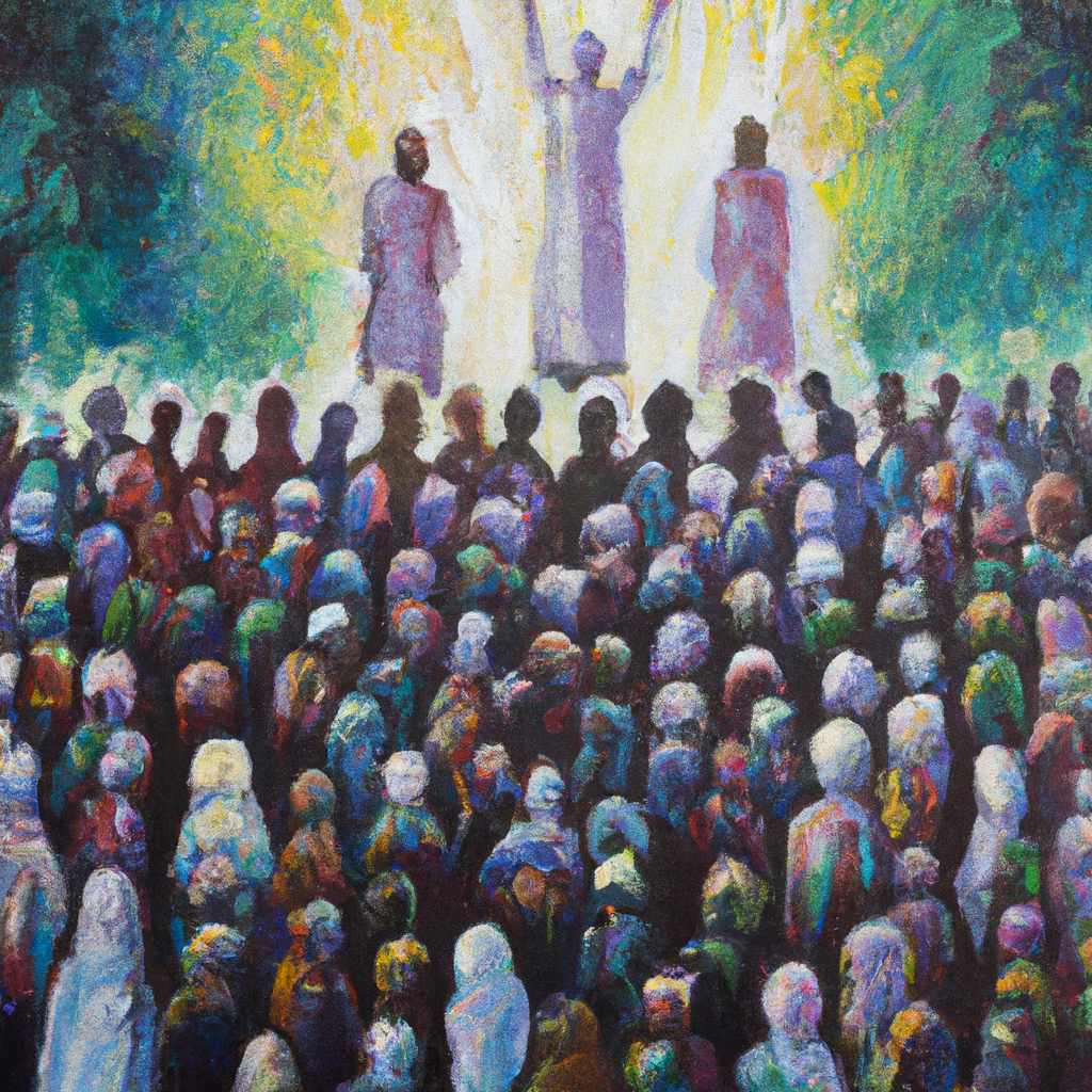 Image generated from Dall.e prompt 'An expressive oil painting of A crowd of diverse people, united in faith, stands as heirs of God's promise, shining with righteous hope.'