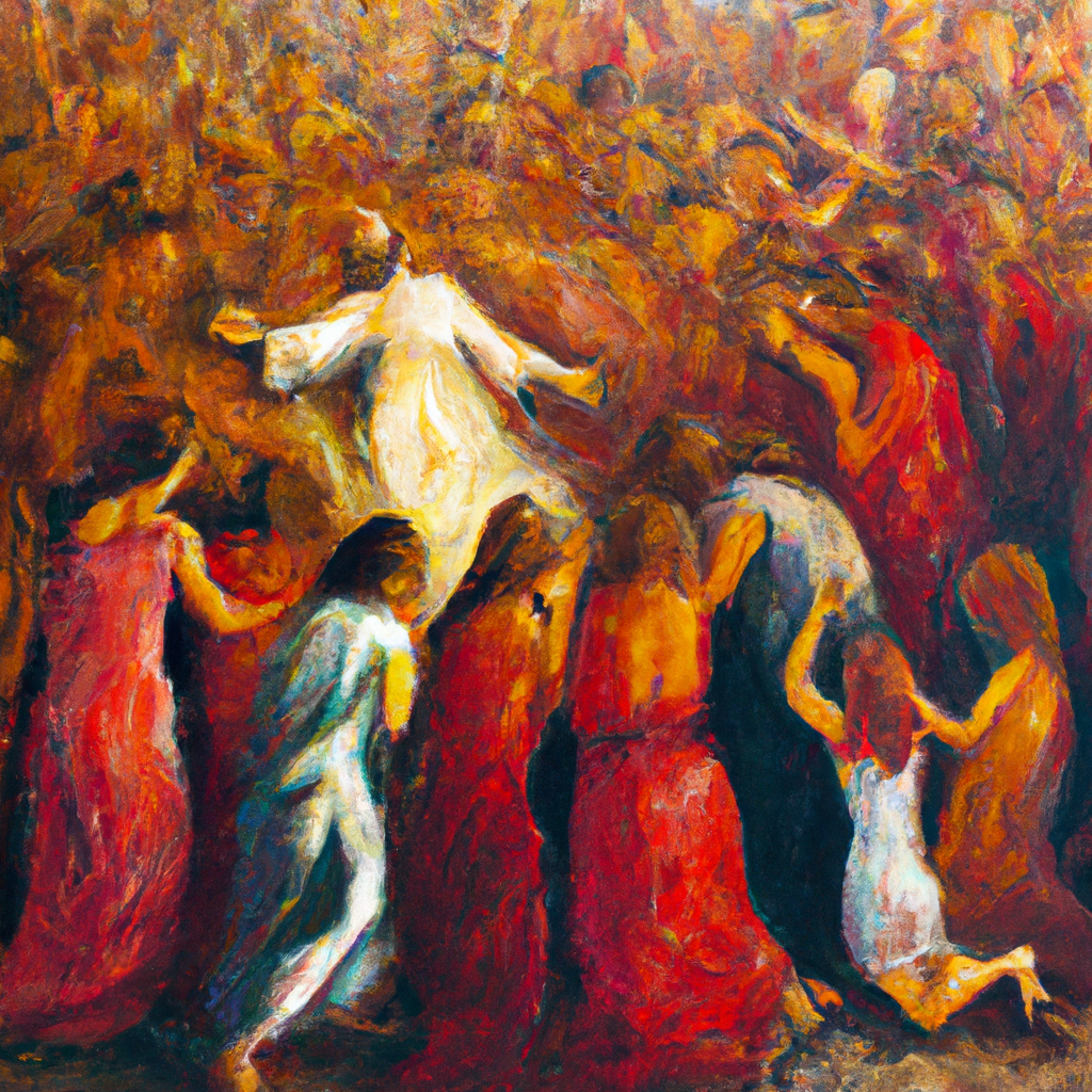 Image generated by AI from Dall.e prompt 'An expressive oil painting of A crowd presses around Jesus, a woman touches his clothes, and a girl is raised to life.'