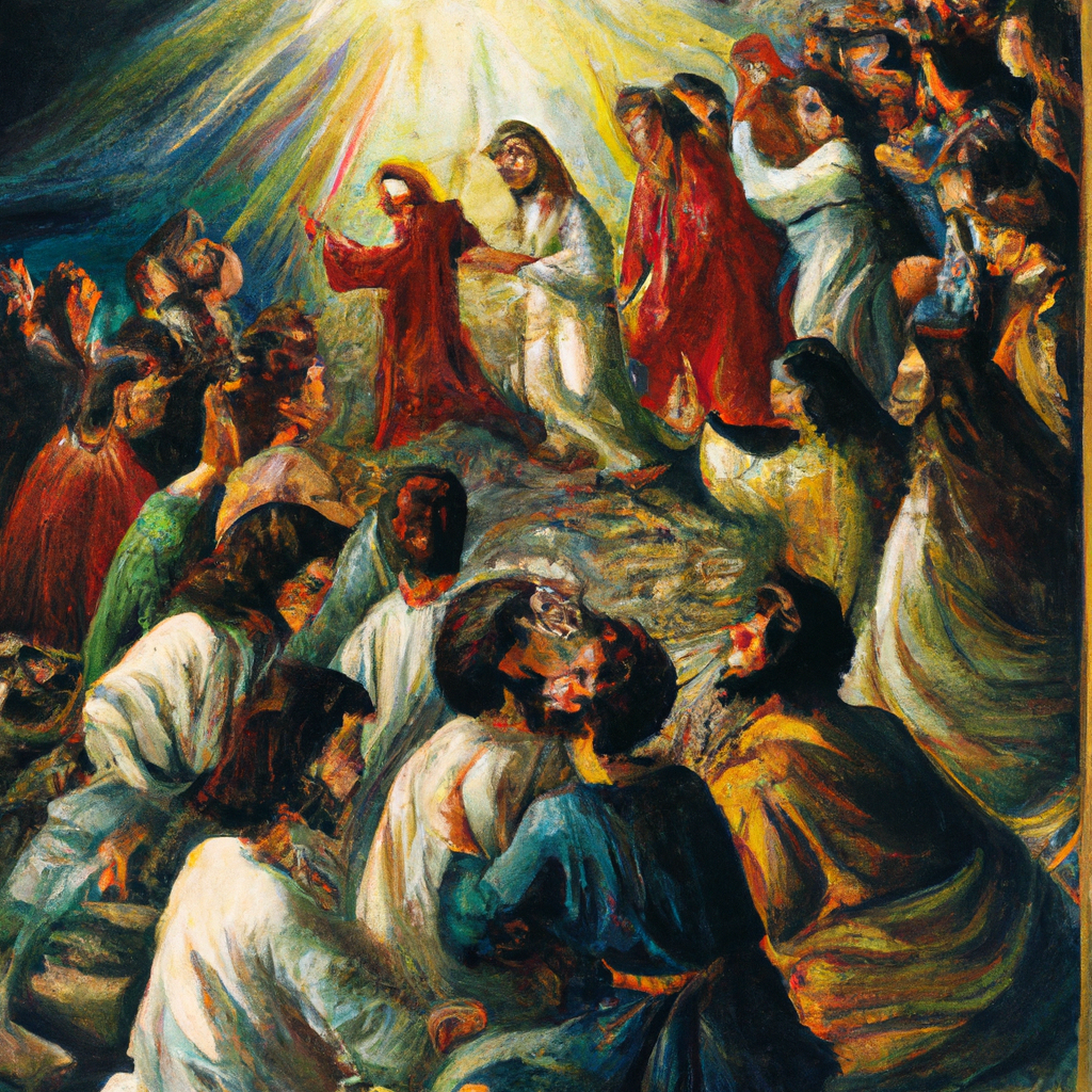 Image generated by AI from Dall.e prompt 'An expressive oil painting of A crowd surrounds Jesus, Peter confesses him as Christ, Jesus predicts death, Peter rebuked, and calls to follow.'