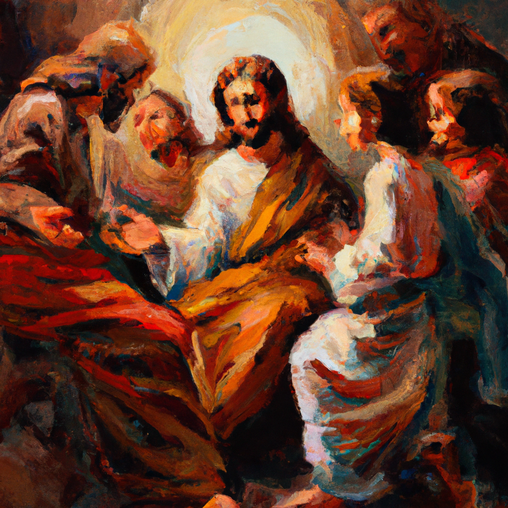 Image generated by AI from Dall.e prompt 'An expressive oil painting of Jesus teaches humbleness with a child in his arms, while disciples debate. He embodies servant leadership and embraces the marginalized.'