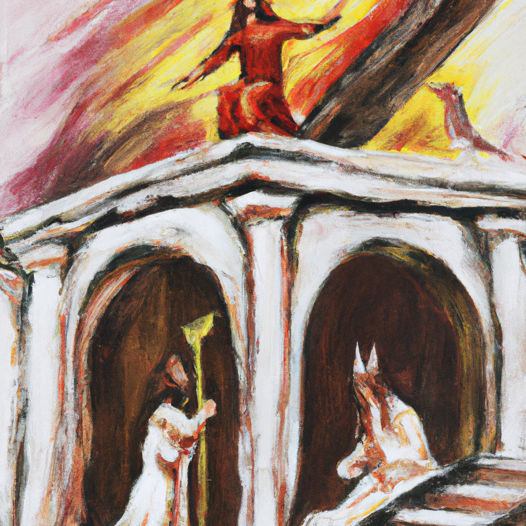 Image generated by AI from Dall.e prompt 'An expressive oil painting of Jesus stands on temple's pinnacle, devil tempts him to test God, angels guard him.'