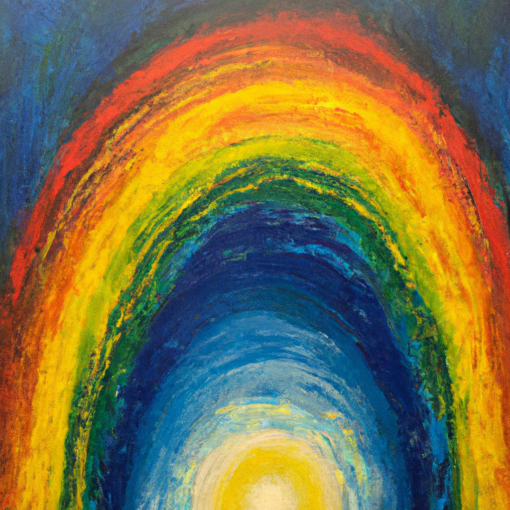 Image generated from Dall.e prompt 'An expressive oil painting of God’s rainbow promise: shining prism of love and hope, arcing over earth, heralding covenant of peace and protection.'