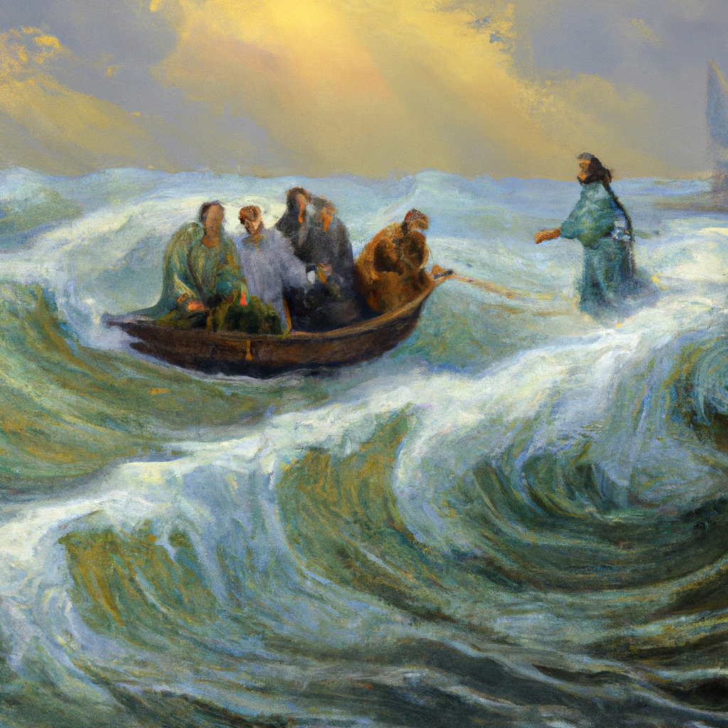 Image generated by AI from Dall.e prompt 'An expressive oil painting of Disciples struggle in stormy sea, Jesus walks on water, calms them, boat reaches shore.'