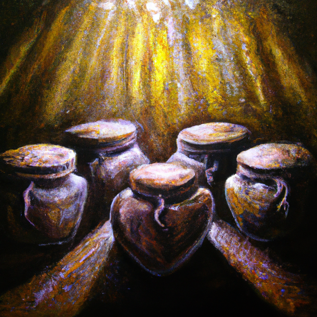 Image generated from Dall.e prompt 'An expressive oil painting of Treasure in jars of clay, light shining out of darkness, revealing the glory of God in Christ.'