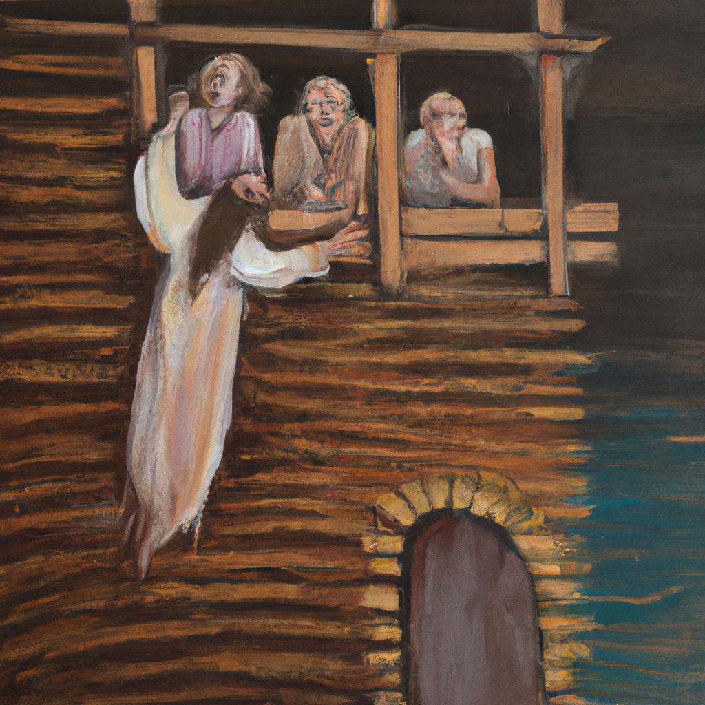 Image generated by AI from Dall.e prompt 'An expressive oil painting of A paralyzed man lowered through the roof by friends is healed by Jesus, who forgives his sins.'