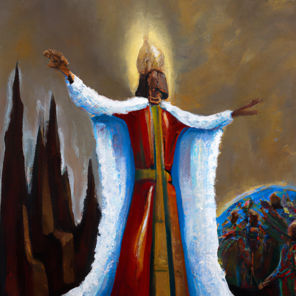 Image generated from Dall.e prompt 'An expressive oil painting of A victorious king stands before a vast gathering, declaring God's praise to all nations and future generations.'