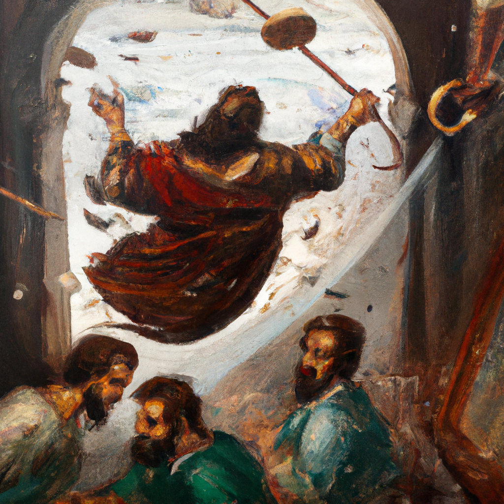 Image generated from Dall.e prompt 'An expressive oil painting of Furious Jesus overturning tables, scattering coins, and driving out merchants with a whip in the temple.'