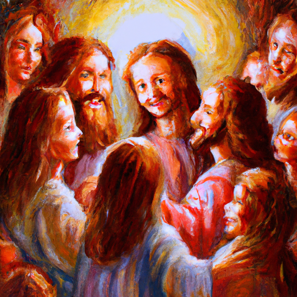 Image generated by AI from Dall.e prompt 'An expressive oil painting of Children gathered around Jesus, embraced by his love, receiving his blessing as he smiles at them with warmth.'