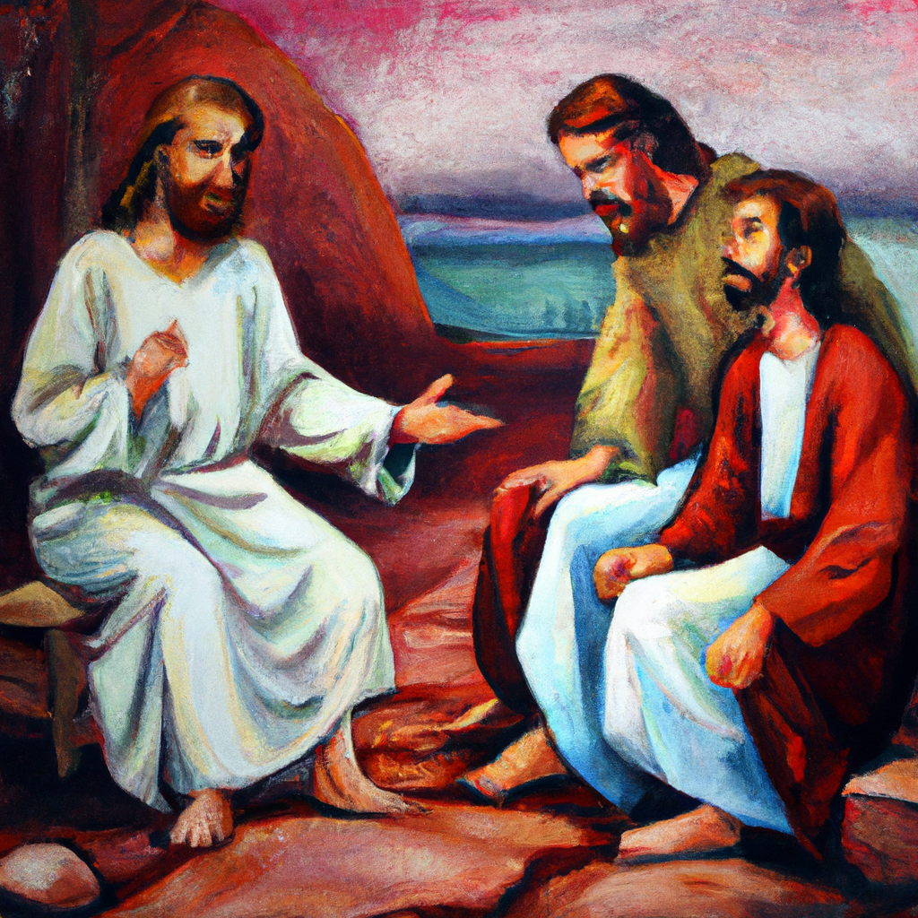 Image generated from Dall.e prompt 'An expressive oil painting of Jesus predicts his death, Peter rebukes him, Jesus corrects him, and teaches about discipleship.'