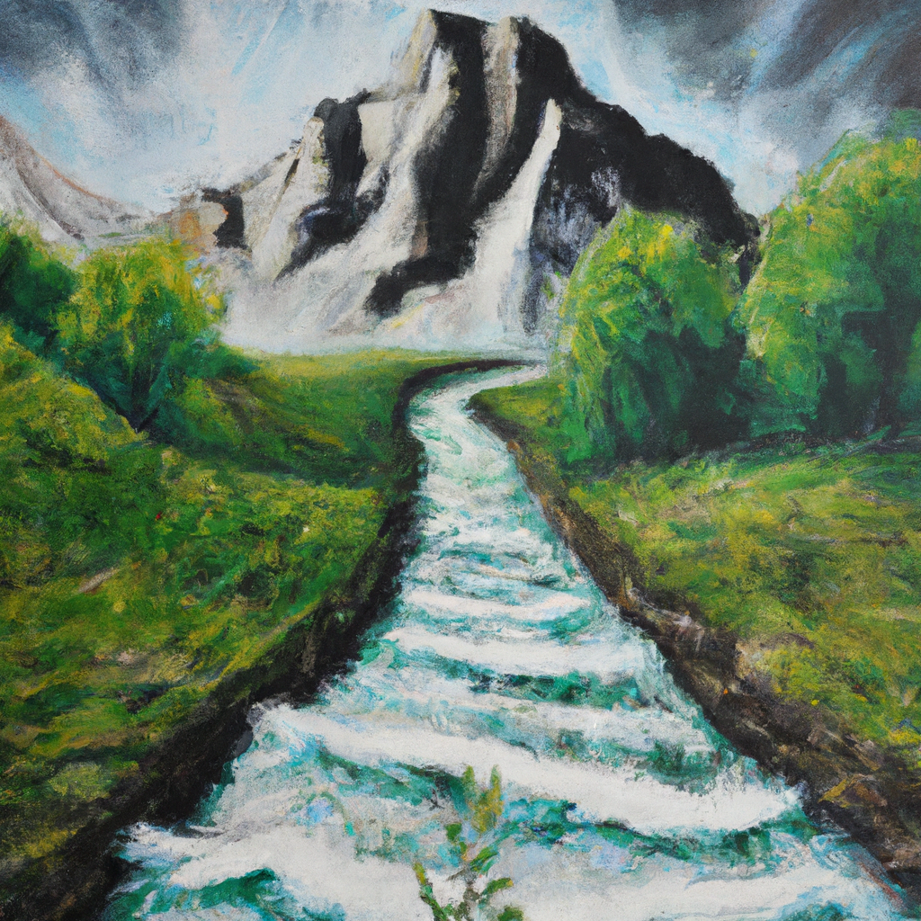 Image generated by AI from Dall.e prompt 'An expressive oil painting of A towering mountain, a rushing river, and a humble path leading to justice, mercy, and walking humbly with God.'