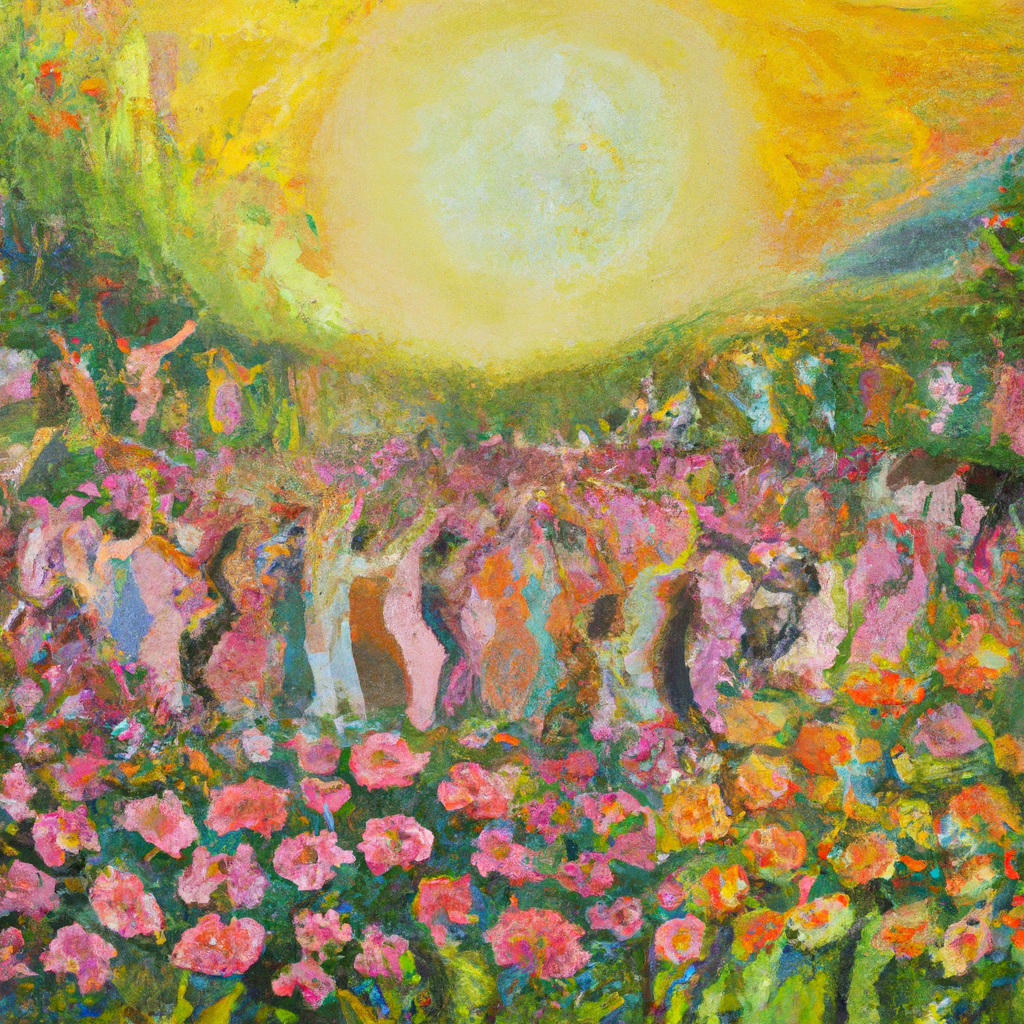 Image generated from Dall.e prompt 'An expressive oil painting of Vibrant colors, flowers blooming, sun shining, and people celebrating in a beautiful, harmonious scene.'