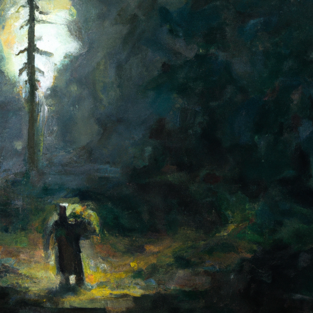 Image generated by AI from Dall.e prompt 'An expressive oil painting of A man carrying a heavy burden, walking through a dark, stormy forest, with a light shining in the distance.'