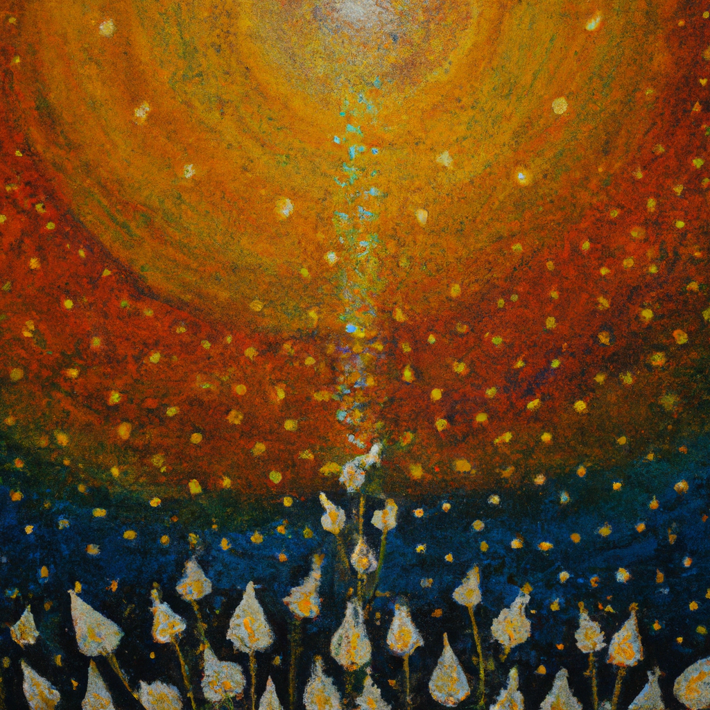 Image generated from Dall.e prompt 'An expressive oil painting of Celestial light beams down, nurturing seeds before growth. Gathering bright stars, they shine in unity and love.'