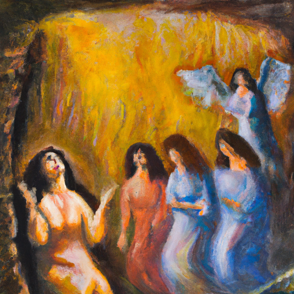 Image generated from Dall.e prompt 'An expressive oil painting of A group of women, filled with fear and amazement, find an empty tomb and encounter a radiant angel.'