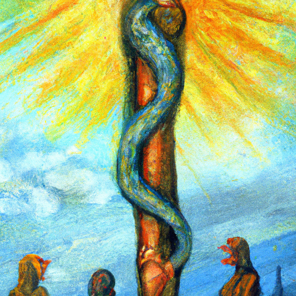 Image generated by AI from Dall.e prompt 'An expressive oil painting of A snake-wrapped pole lifted high, with bitten Israelites gazing up in faith for healing and salvation from death.'