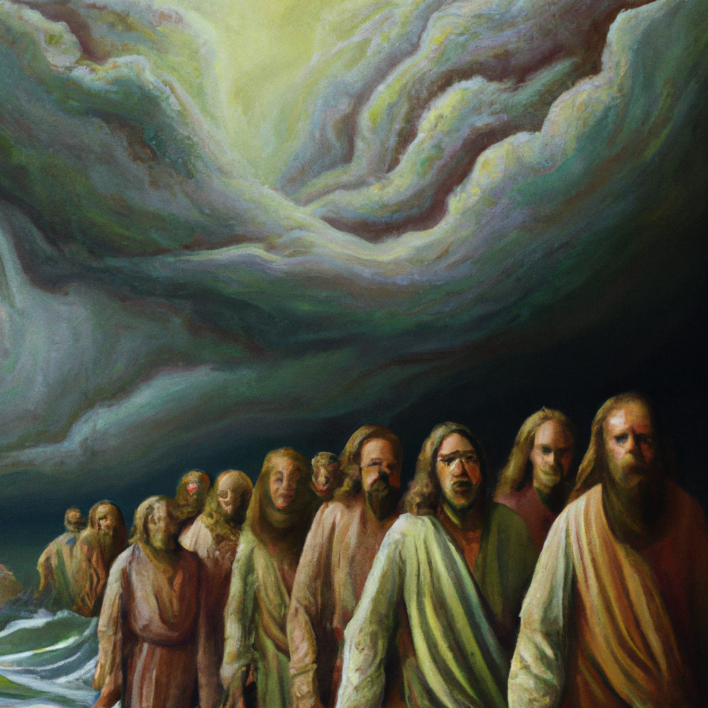 Image generated by AI from Dall.e prompt 'An expressive oil painting of Jesus leads disciples, a looming cloud overhead, their faces tense with anticipation, walking toward an unknown destination.'