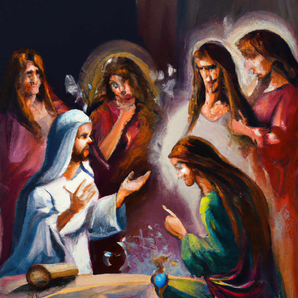 Image generated by AI from Dall.e prompt 'An expressive oil painting of A woman anoints Jesus with expensive oil, while others criticize her; Jesus defends her actions, saying she has honored him.'