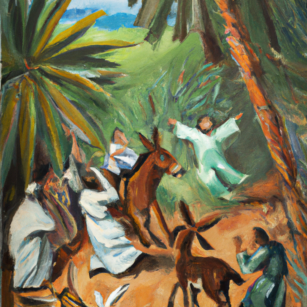 Image generated by AI from Dall.e prompt 'An expressive oil painting of Jesus riding on a donkey, people laying down clothes and palm branches, shouting 