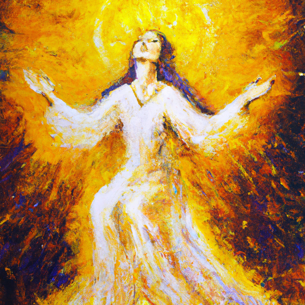 Image generated by AI from Dall.e prompt 'An expressive oil painting of A radiant figure ascends to a heavenly throne, adorned with grace and mercy, reaching out in humble supplication.'