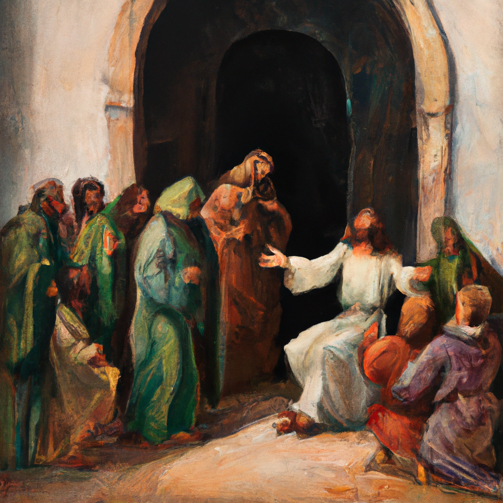 Image generated by AI from Dall.e prompt 'An expressive oil painting of A wealthy man kneels before Jesus, who gestures towards a narrow gate, with disciples watching in amazement.'