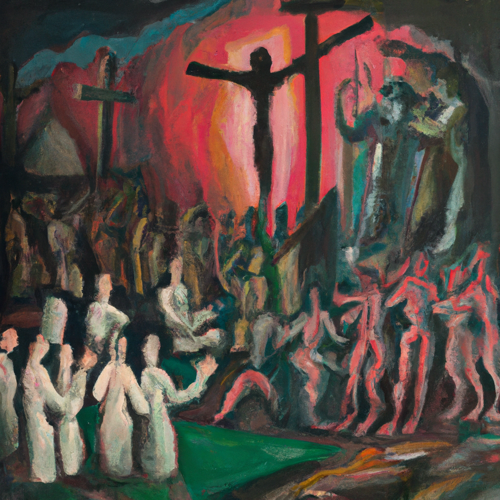 Image generated from Dall.e prompt 'An expressive oil painting of A man on a cross, soldiers mocking, people watching, darkness descends, final breath, curtain torn, centurion's realization.'