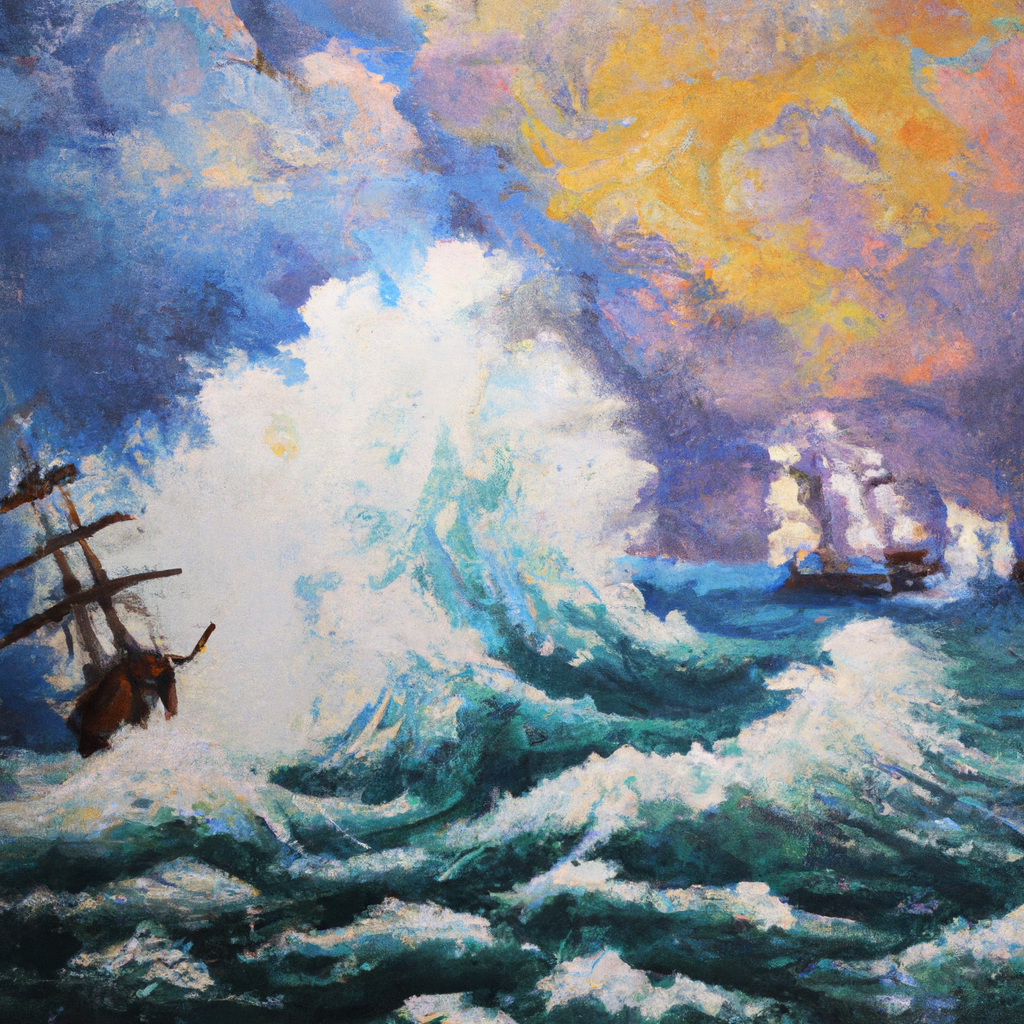 Image generated from Dall.e prompt 'An expressive oil painting of A tumultuous sea, ships tossed about, sailors in distress, saved by God's steadfast love and wondrous works.'