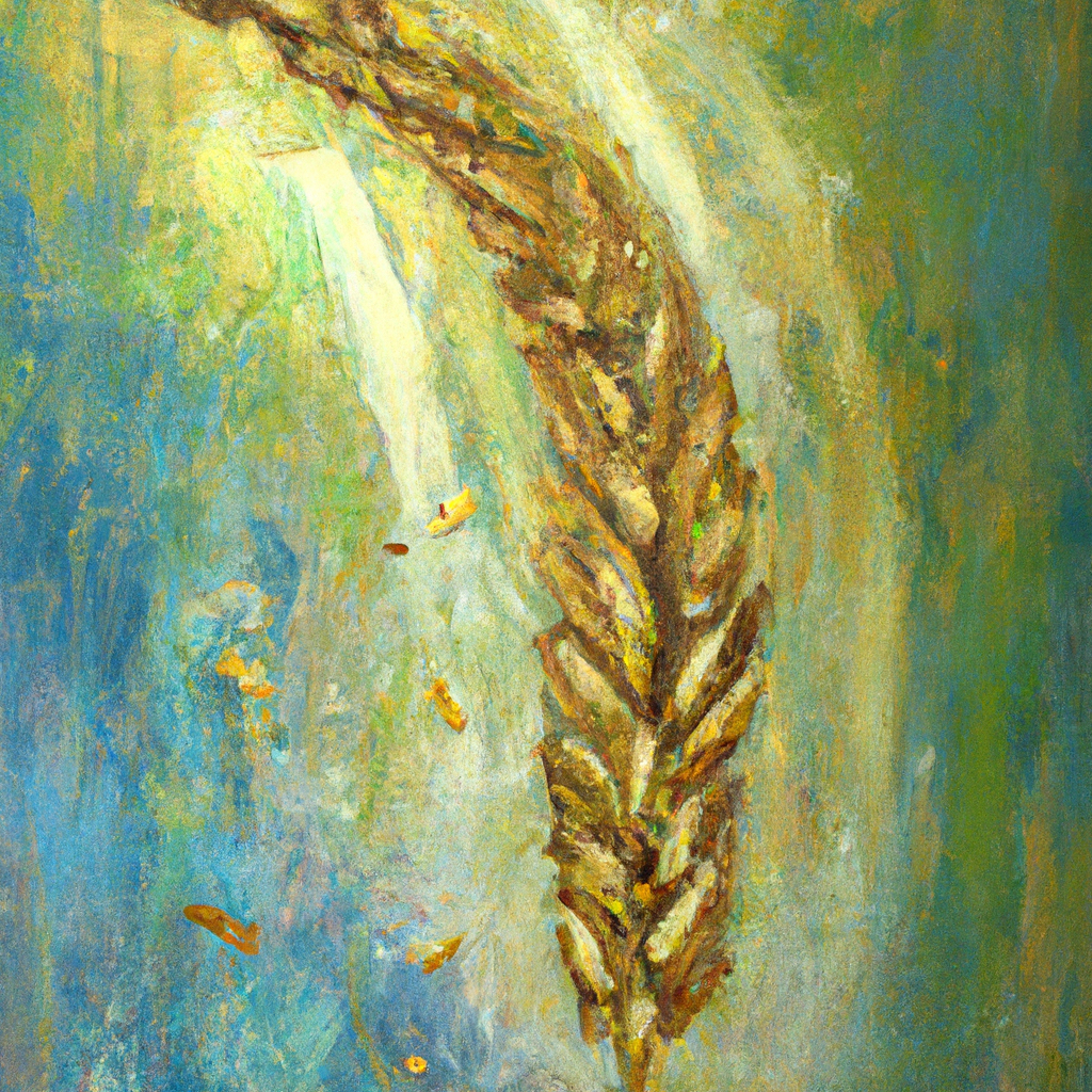 Image generated from Dall.e prompt 'An expressive oil painting of A grain of wheat falling and dying to produce abundant life, as a voice from heaven speaks.'