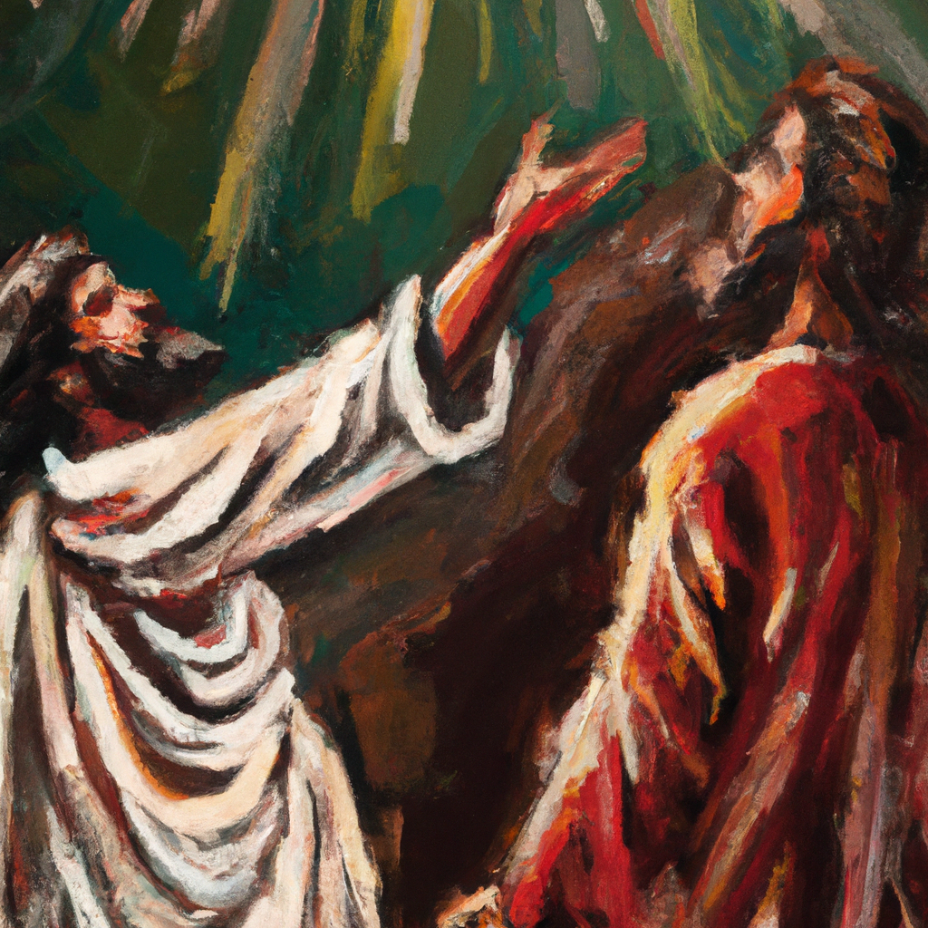 Image generated by AI from Dall.e prompt 'An expressive oil painting of Two disciples request high positions; Jesus teaches humility and service by comparing to his own sacrificial purpose.'