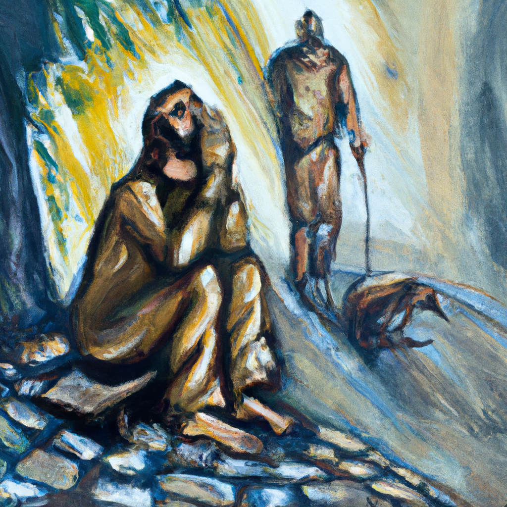 Image generated by AI from Dall.e prompt 'An expressive oil painting of A blind man sits by the road, crying out. Jesus stops, listens, and heals him with compassion and love.'